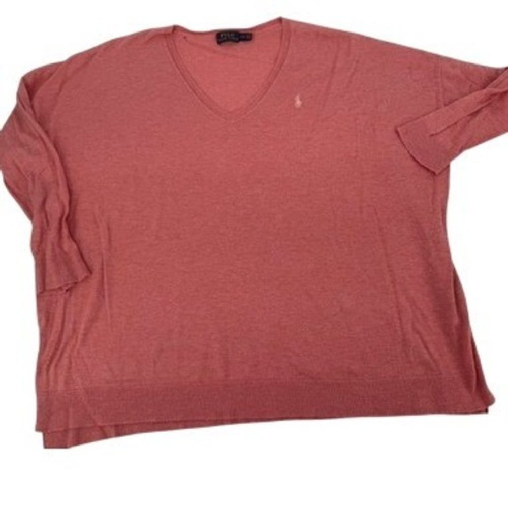 Polo Ralph Lauren V-Neck Sweater Womens L Coral Pink Wool Blend Oversized Pony